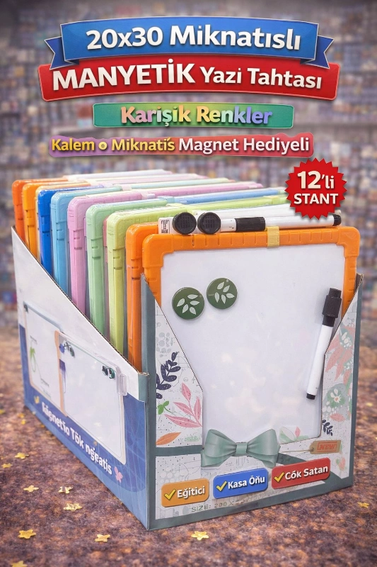 RENKLİ 20X30 MIKNATISLI YAZI TAHTASI KALEM VE MAGNET / 12Lİ STANT